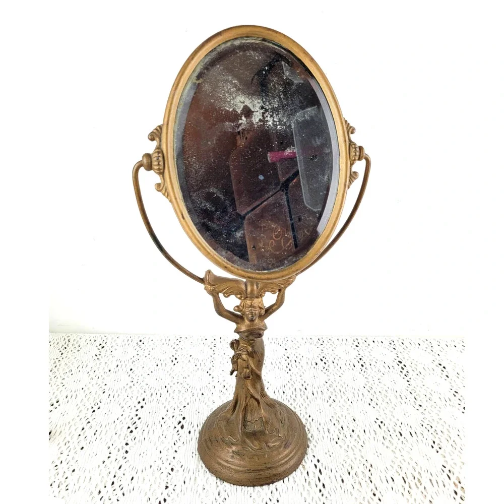 Antique 1910s Art Nouveau Woman Cast Iron or Bronze Vanity Lady Holding Mirror